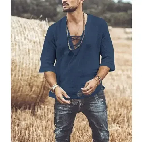 Men's Fashion Shirt Short Sleeve Beach V-Neck Drawstring Printing Yoga African Summer Top - 3