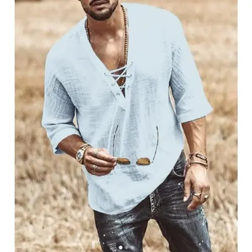 Men's Fashion Shirt Short Sleeve Beach V-Neck Drawstring Printing Yoga African Summer Top - 3