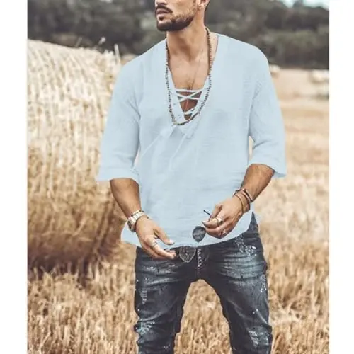 Men's Fashion Shirt Short Sleeve Beach V-Neck Drawstring Printing Yoga African Summer Top - 4