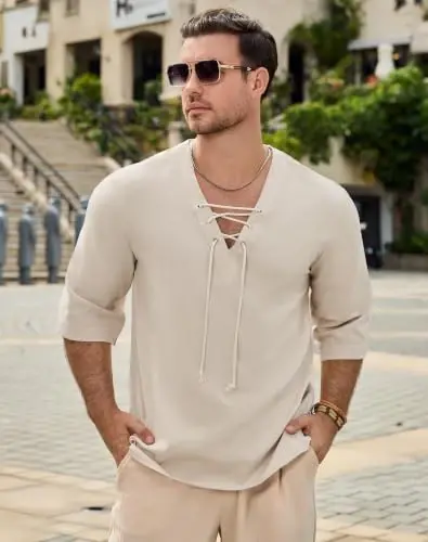 Men's Fashion Shirt Short Sleeve Beach V-Neck Drawstring Printing Yoga African Summer Top - 2