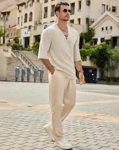Men's Fashion Shirt Short Sleeve Beach V-Neck Drawstring Printing Yoga African Summer Top - 4