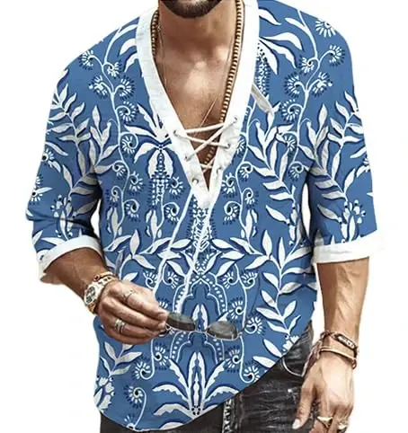 Men's Fashion Shirt Short Sleeve Beach V-Neck Drawstring Printing Yoga African Summer Top - 1