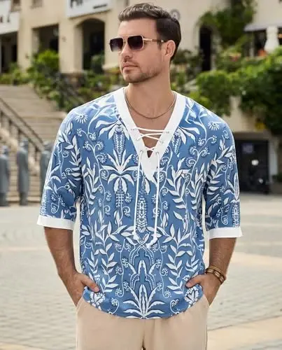 Men's Fashion Shirt Short Sleeve Beach V-Neck Drawstring Printing Yoga African Summer Top - MEN'S (1)