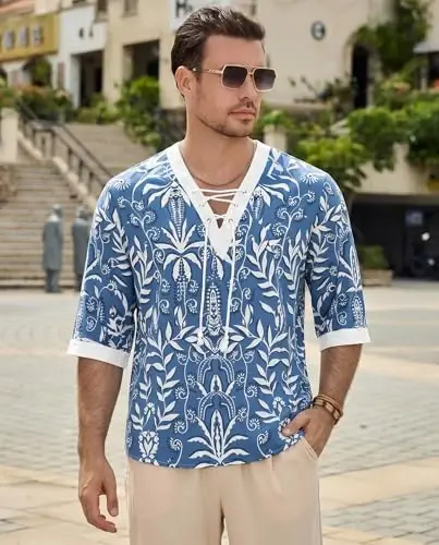 Men's Fashion Shirt Short Sleeve Beach V-Neck Drawstring Printing Yoga African Summer Top - 3