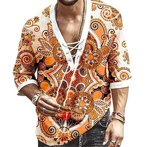 Men's Fashion Shirt Short Sleeve Beach V-Neck Drawstring Printing Yoga African Summer Top 