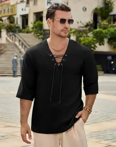 Men's Fashion Shirt Short Sleeve Beach V-Neck Drawstring Printing Yoga African Summer Top - MEN'S (1)