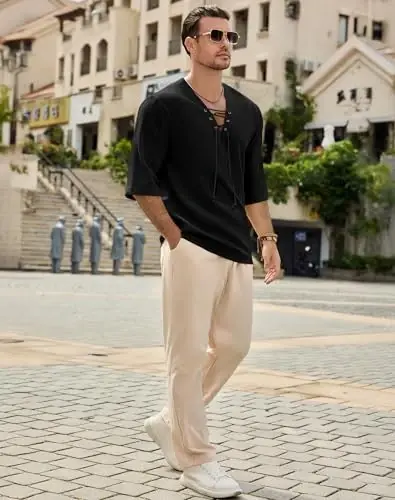 Men's Fashion Shirt Short Sleeve Beach V-Neck Drawstring Printing Yoga African Summer Top - 4