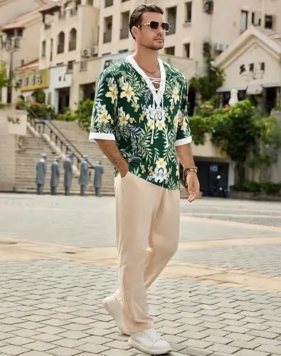 Men's Fashion Shirt Short Sleeve Beach V-Neck Drawstring Printing Yoga African Summer Top - 5