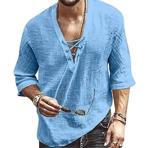 Men's Fashion Shirt Short Sleeve Beach V-Neck Drawstring Printing Yoga African Summer Top - MEN'S