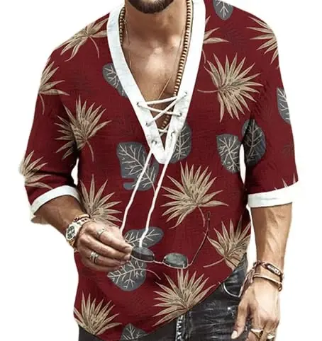 Men's Fashion Shirt Short Sleeve Beach V-Neck Drawstring Printing Yoga African Summer Top - 1