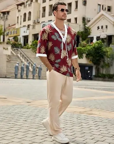 Men's Fashion Shirt Short Sleeve Beach V-Neck Drawstring Printing Yoga African Summer Top - 5