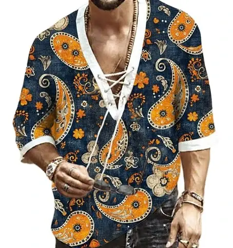 Men's Fashion Shirt Short Sleeve Beach V-Neck Drawstring Printing Yoga African Summer Top 