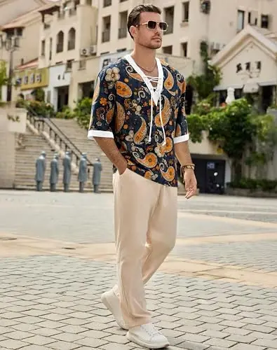 Men's Fashion Shirt Short Sleeve Beach V-Neck Drawstring Printing Yoga African Summer Top - 5