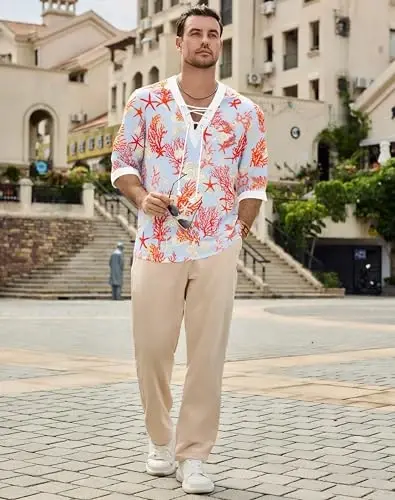 Men's Fashion Shirt Short Sleeve Beach V-Neck Drawstring Printing Yoga African Summer Top - 3