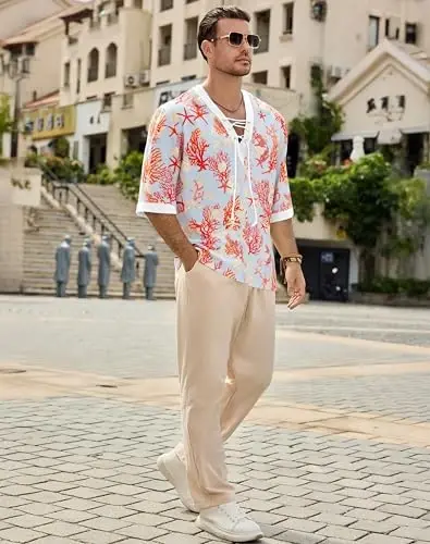 Men's Fashion Shirt Short Sleeve Beach V-Neck Drawstring Printing Yoga African Summer Top - 4