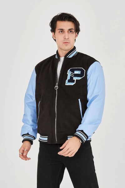 Men's faux leather jacket with fleece lining - blue - 4