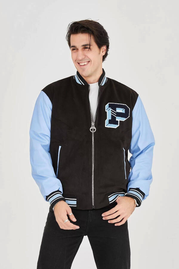 Men's faux leather jacket with fleece lining - blue - 6