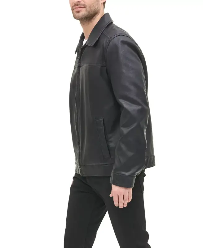 Men's Faux Leather Laydown Collar Jacket-Black - 5