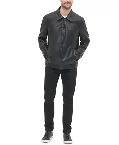 Men's Faux Leather Laydown Collar Jacket-Black - 6