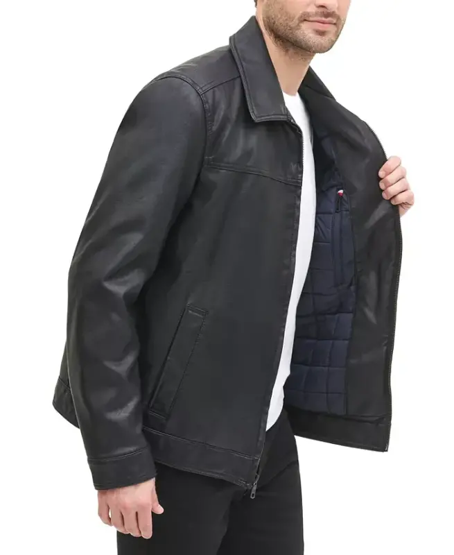 Men's Faux Leather Laydown Collar Jacket-Black - 3
