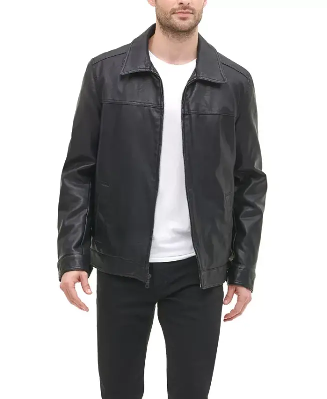 Men's Faux Leather Laydown Collar Jacket-Black - 4