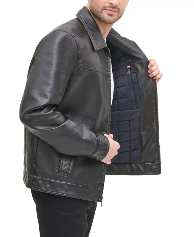 Men's Faux Leather Laydown Collar Jacket - Dark Brown - 3