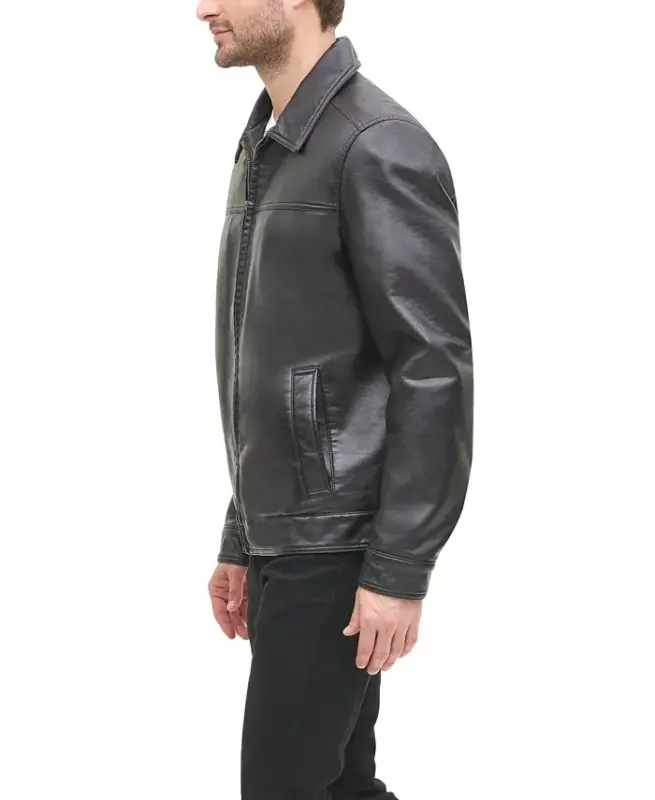 Men's Faux Leather Laydown Collar Jacket - Dark Brown - 5