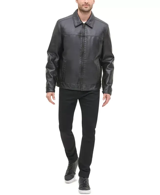 Men's Faux Leather Laydown Collar Jacket - Dark Brown - 6
