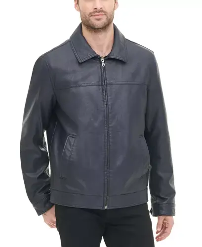 Men's Faux Leather Laydown Collar Jacket - Navy - 1