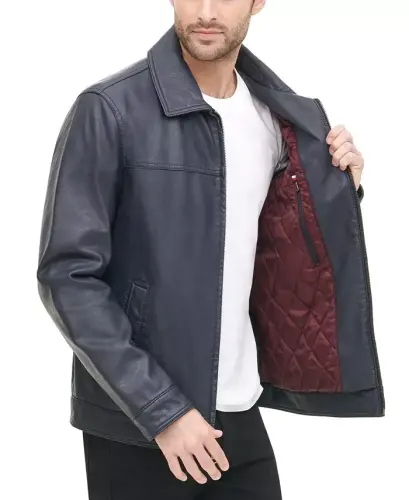 Men's Faux Leather Laydown Collar Jacket - Navy - 3