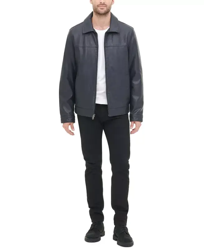 Men's Faux Leather Laydown Collar Jacket - Navy - 4
