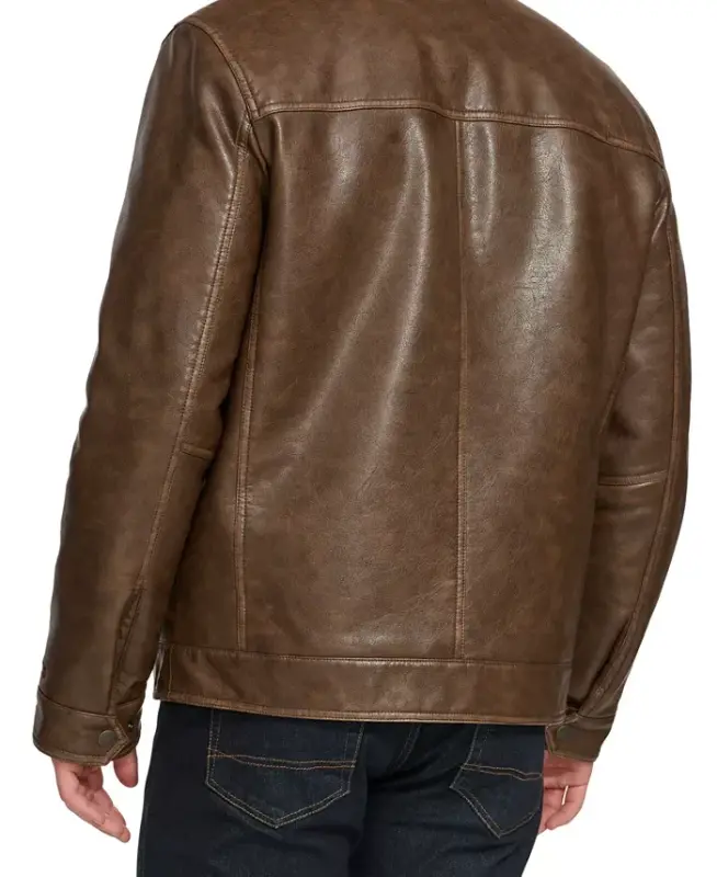 Men's Faux Leather Laydown Collar Jacket - Saddle - 2