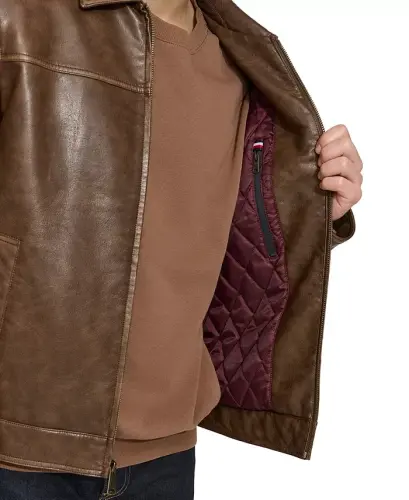 Men's Faux Leather Laydown Collar Jacket - Saddle - 5