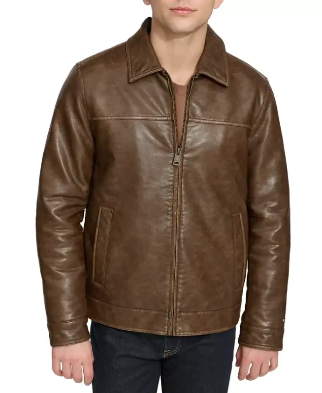 Men's Faux Leather Laydown Collar Jacket - Saddle - 1