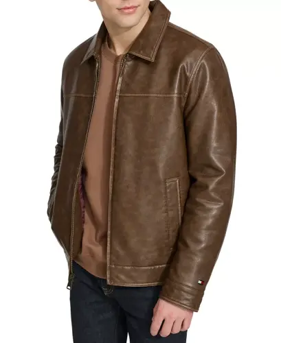 Men's Faux Leather Laydown Collar Jacket - Saddle - 3