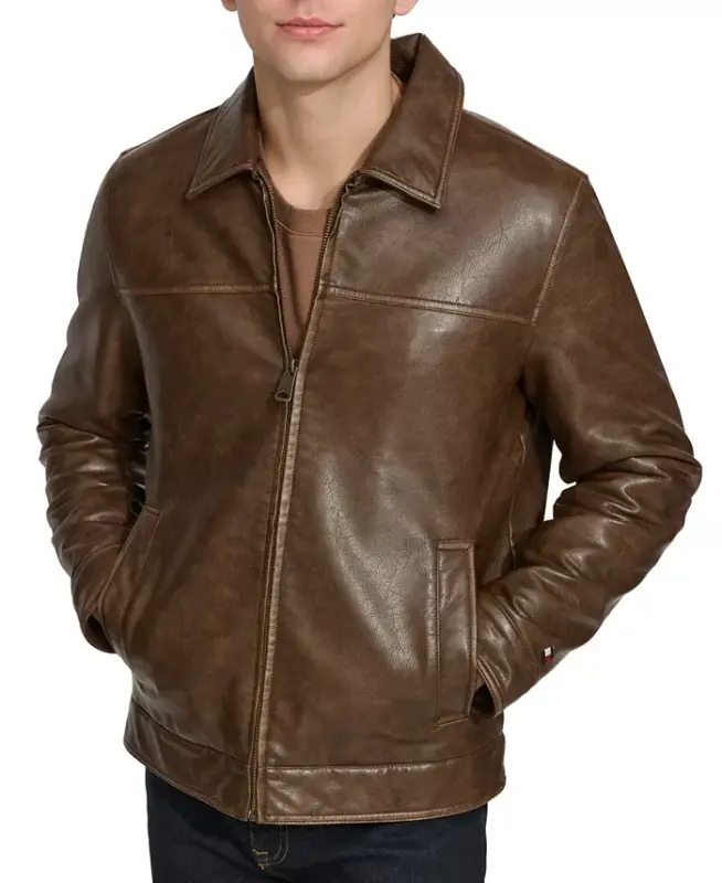 Men's Faux Leather Laydown Collar Jacket - Saddle - 4