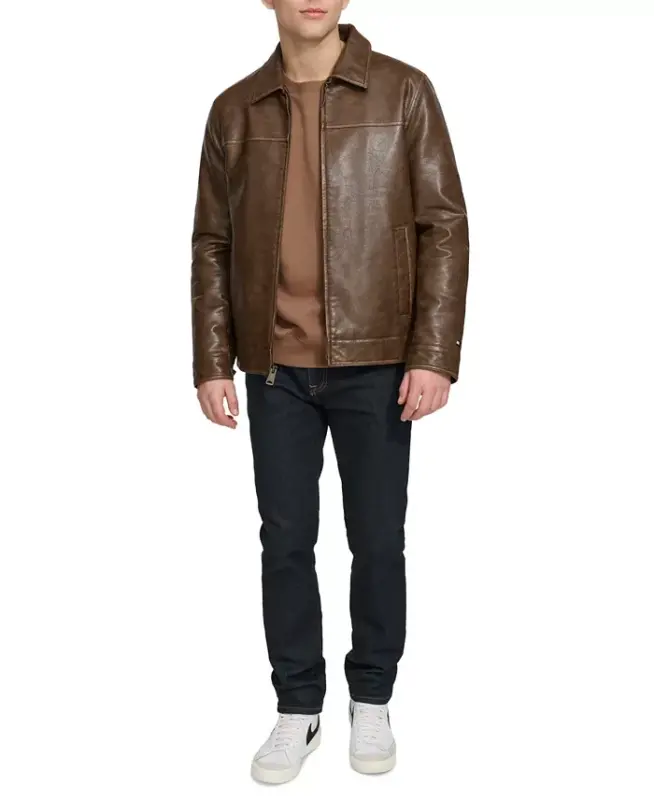 Men's Faux Leather Laydown Collar Jacket - Saddle - 6
