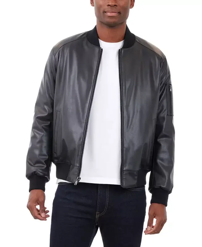Men's Faux Leather Moto Jacket-Black - 1