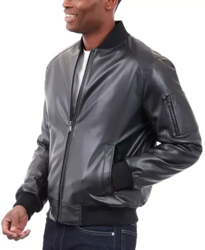 Men's Faux Leather Moto Jacket-Black - 4