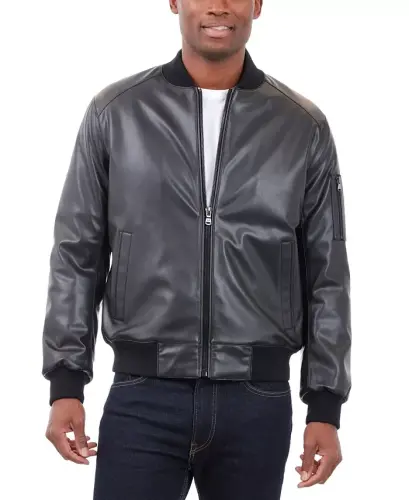 Men's Faux Leather Moto Jacket-Black - 6