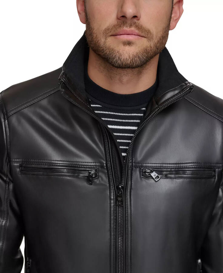 Men's Faux Leather Moto Jacket, Created for Modazone Black - 4