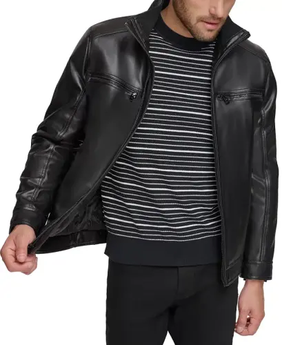 Men's Faux Leather Moto Jacket, Created for Modazone - Black - 3