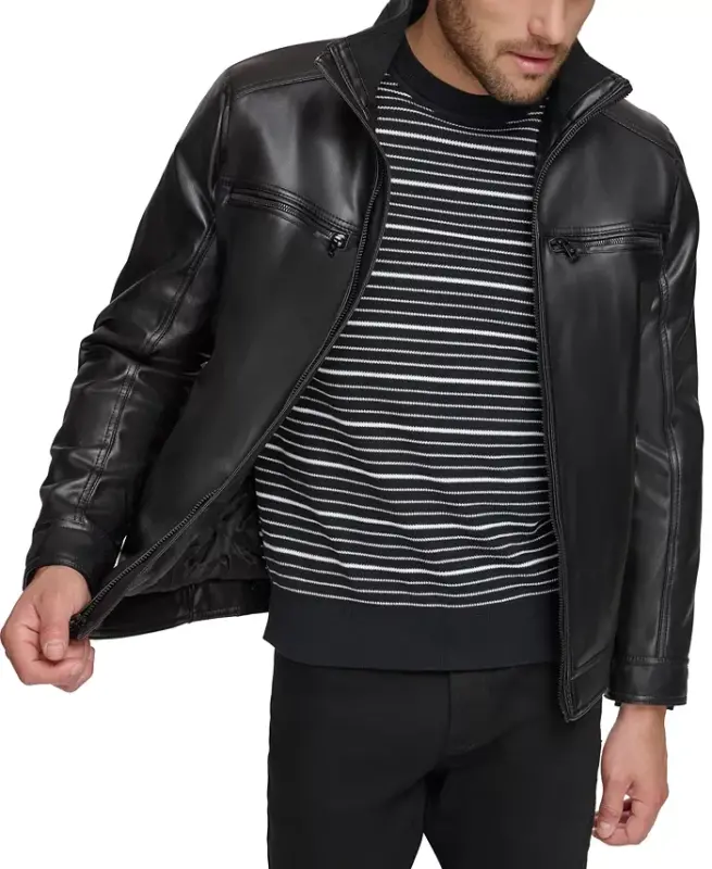Men's Faux Leather Moto Jacket, Created for Modazone - Black - 3