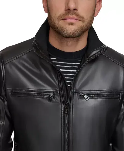 Men's Faux Leather Moto Jacket, Created for Modazone - Black - 4