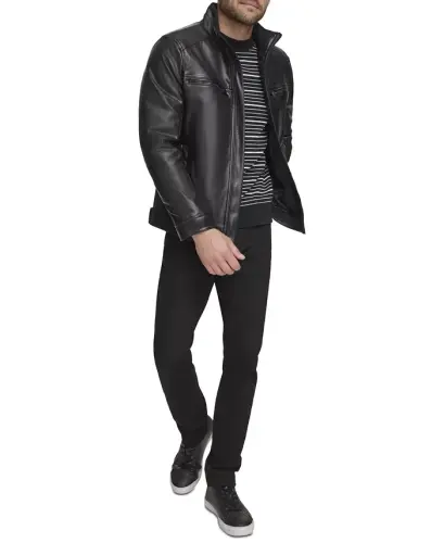 Men's Faux Leather Moto Jacket, Created for Modazone - Black - 6