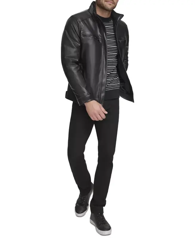 Men's Faux Leather Moto Jacket, Created for Modazone - Black - 6