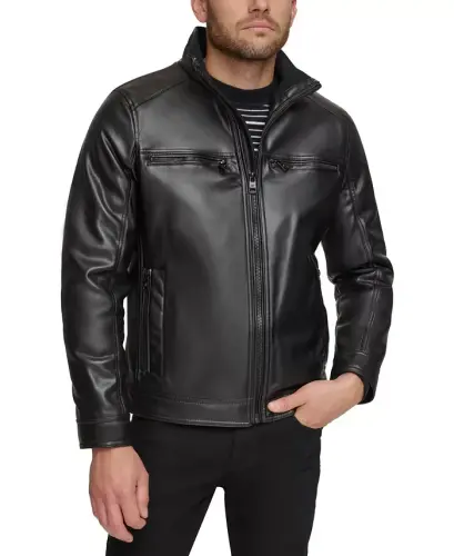 Men's Faux Leather Moto Jacket, Created for Modazone - Black 
