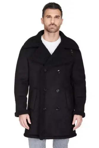 Men's Faux Shearling Double Breasted Overcoat - 4