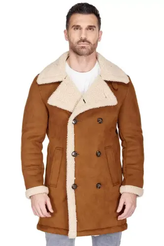 Men's Faux Shearling Double Breasted Overcoat - 2