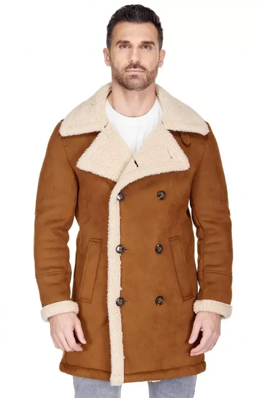 Men's Faux Shearling Double Breasted Overcoat - 2